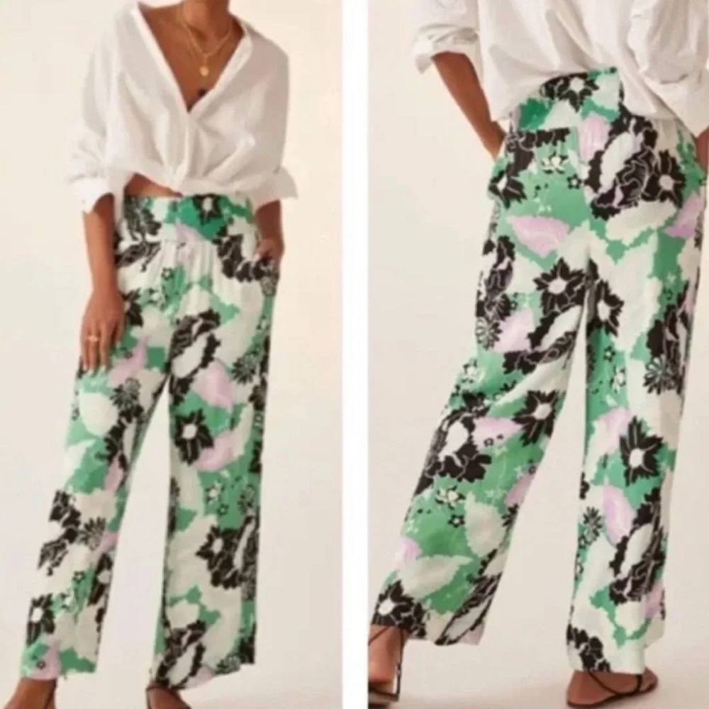 Anthropologie Maeve Saria Smocked Palazzo Wide Leg Floral Pant Size Medium - Picture 6 of 6